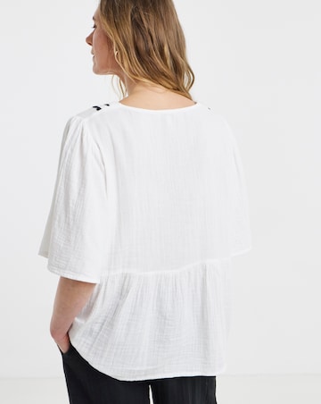 Trim Detail Pure Cotton Textured Short Sleeve Smock Top