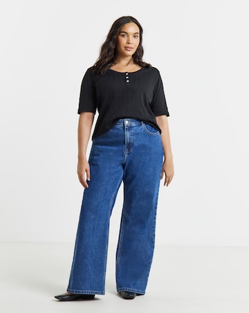 Simply Be Black Pointelle Ribbed Henley Top