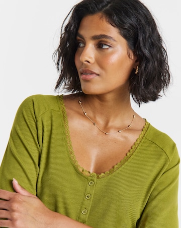 Simply Be Olive Ribbed Lace Long Sleeve Henley Top