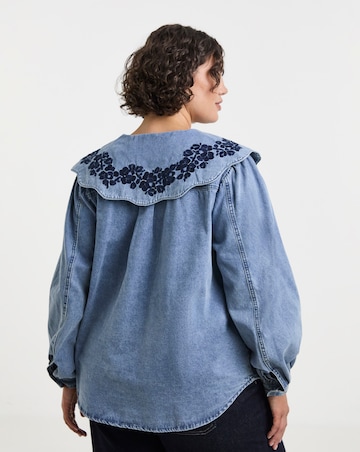 Mid Wash Puff Sleeve Denim Blouse with Embroidered Collar