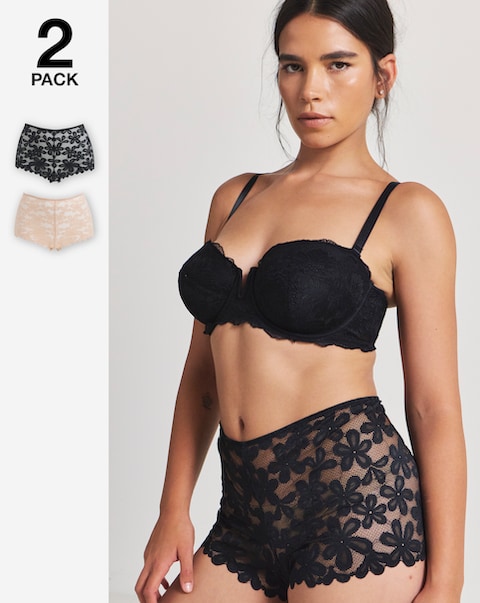 Pretty Secrets (2 Pack) Daisy Lace Short Knickers Black/Almond
