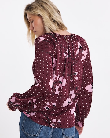 Burgundy Floral Bow Front Satin Blouse