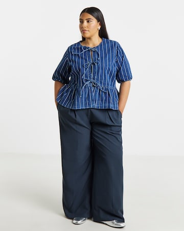 Simply Be Striped Blue Tie Front Denim Peplum Blouse