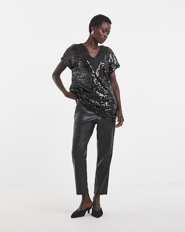 Black Longline V-Neck Sequin Top
