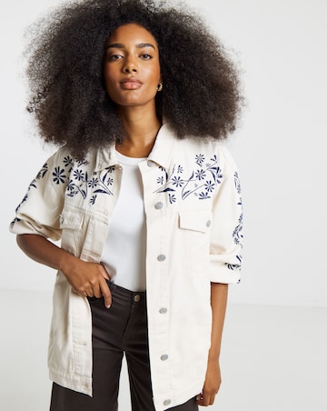 Simply Be Ecru Floral Embroidered Denim Boyfriend Jacket