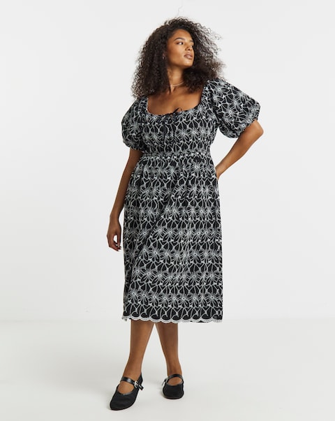 Lovedrobe Broderie Puff Sleeve Square Neck Elasticated Waist Midi Dress