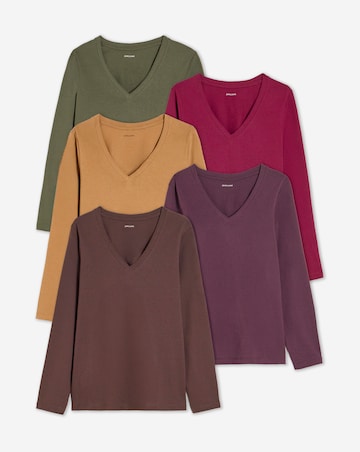 Tan, Chocolate, Berry, Plum, Green 5 Pack V-Neck Long Sleeve T-Shirts