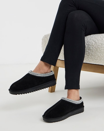 Reese Suede Embroidery Mule Snug Slippers - Wide Fit (E)