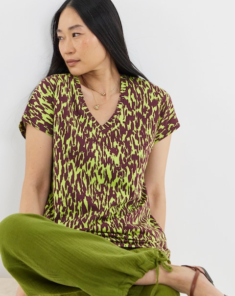 Green Plum Animal Printed V-Neck T-Shirt