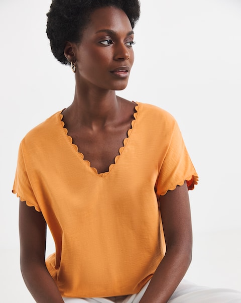 Orange Scallop V Neck Bubble Hem Top