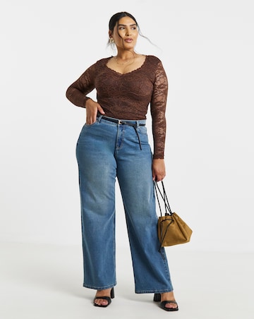 Chocolate Lace Sweetheart Neckline Long Sleeve Top