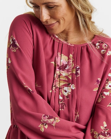 Floral Print Pintuck Long Sleeve Peplum Blouse