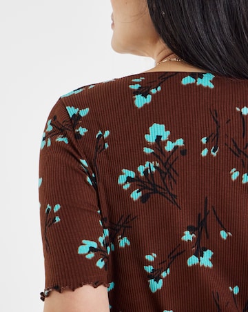 Chocolate Floral Lettuce Half Sleeve Rib Cardigan