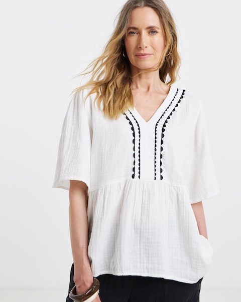 Trim Detail Pure Cotton Textured Short Sleeve Smock Top