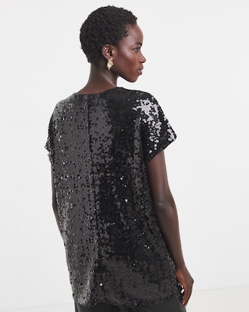 Black Longline V-Neck Sequin Top