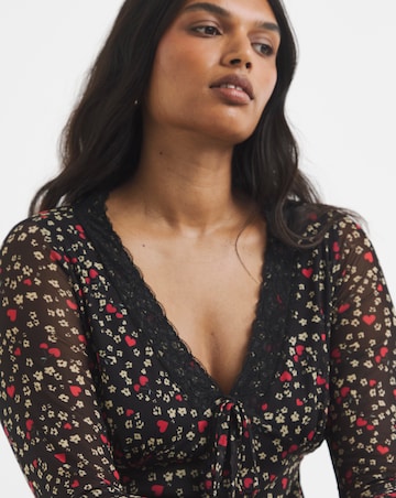 Simply Be Black Print Mesh Lace Trim Midi Dress