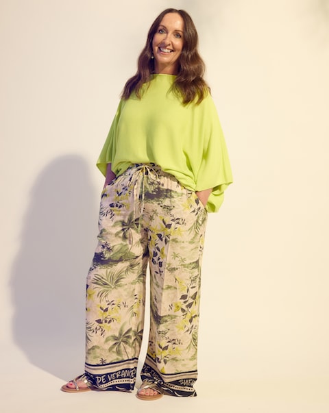 Palm Print Linen Mix Wide Leg Trousers