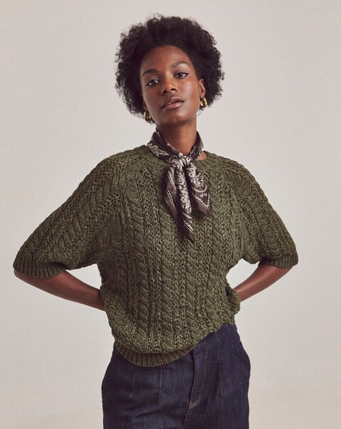 Anthology Cable Half Sleeve Knitted T-Shirt - Khaki