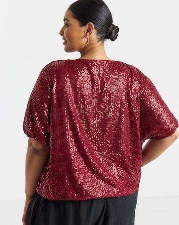 Simply Be Burgundy Sequin Bubble Hem Puff Sleeve Top