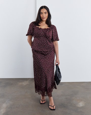 Simply Be Burgundy Spot Satin Lace Trim Midaxi Skirt Co Ord