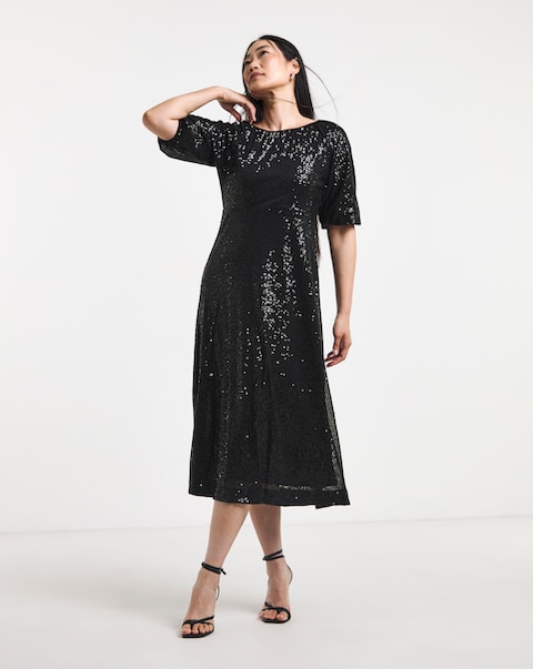 Linear Sequin Puff Sleeve Midi Dress