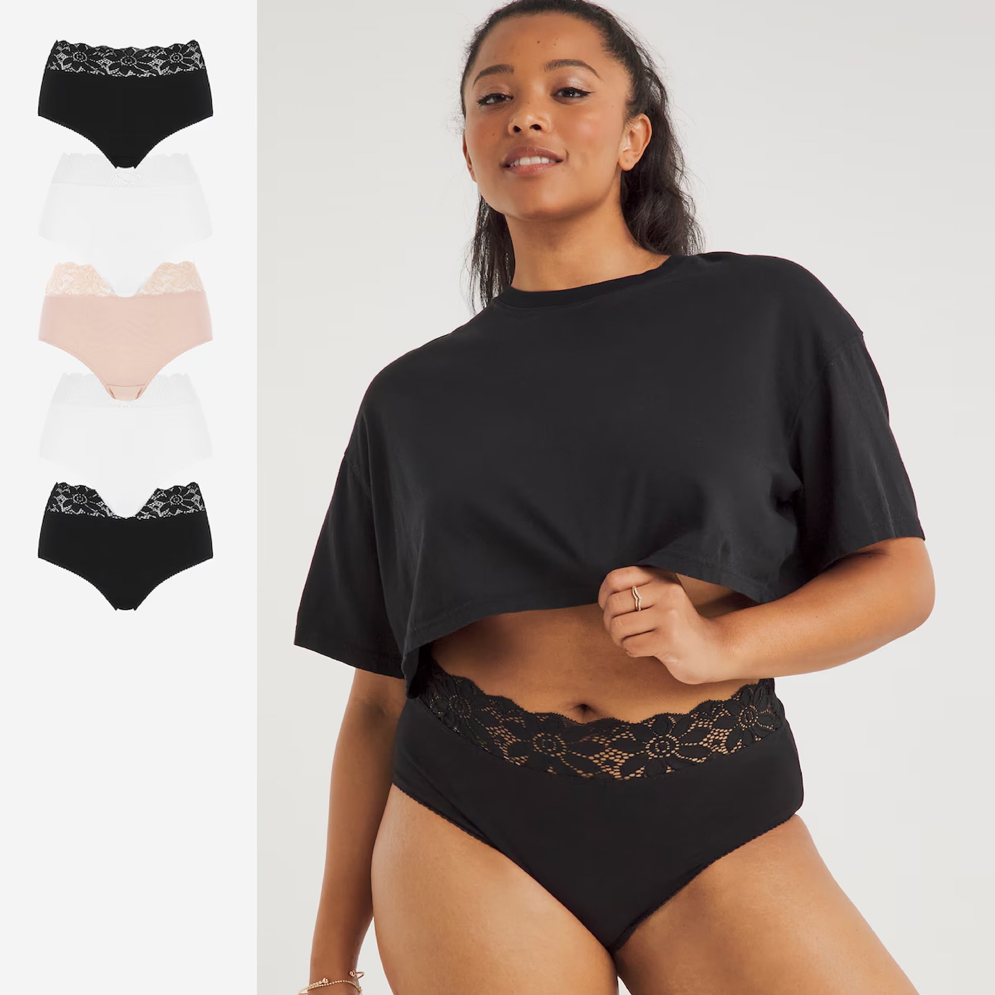 A woman wearing one of 5 pairs of knickers from a multi pack