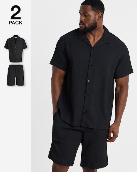 Jack & Jones Harrison Textured Shirt & Short Set - Black