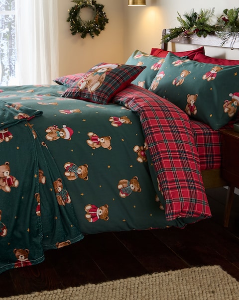 Catherine Lansfield Christmas Tartan Teddy Bear Duvet Cover Set