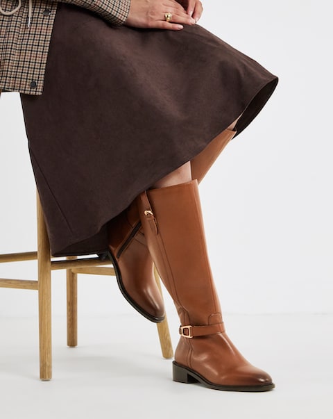 New In - Leather Knee High Buckle Boot Ex Wide
