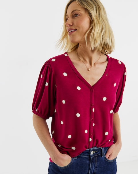 Pink Spot Button Front Short Sleeve Top