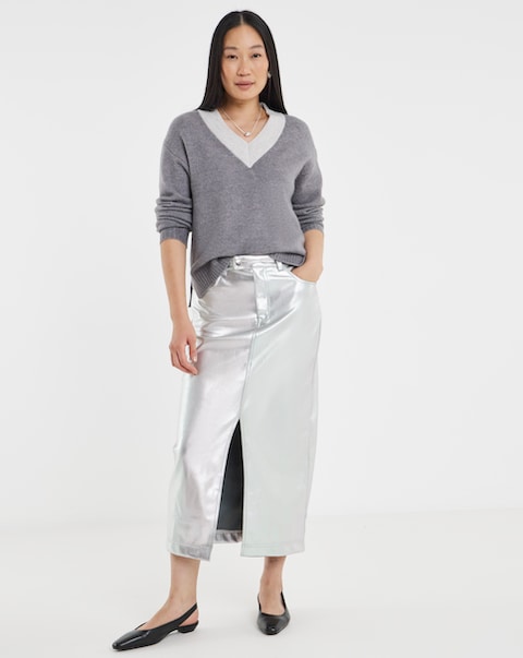 Metallic PU Leather Look Column Maxi Skirt