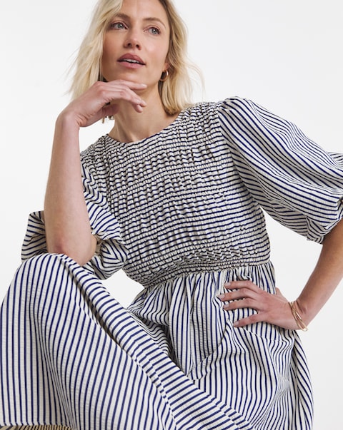 Blue Stripe Shirred Puff Sleeve Dress