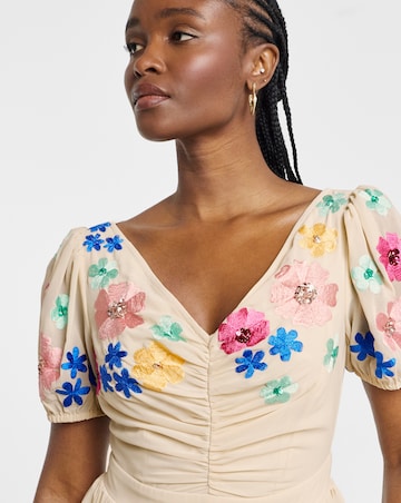 Maya Curve V Neck Floral Embroidered Midi Dress