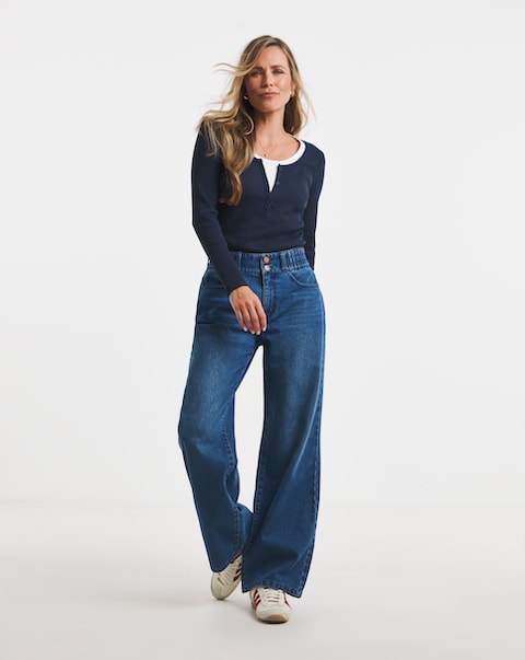 Mid Blue Elasticated Waist Wide Leg Jeans