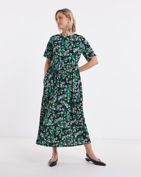 Black Floral Print Jersey Midi Dress