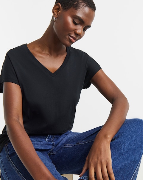Pure Cotton Black Basic V-Neck Short Sleeve T-Shirt