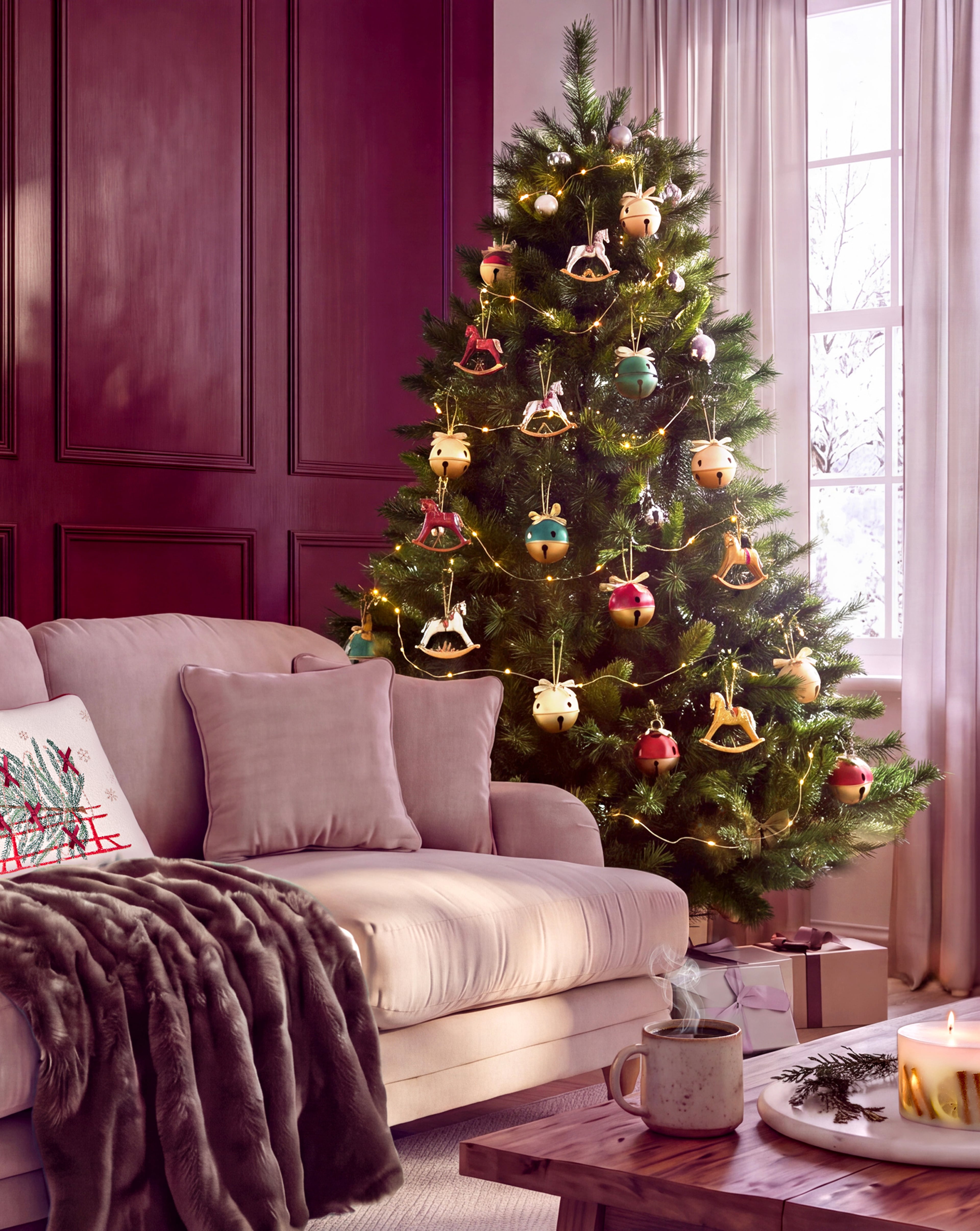 Decorated Christmas tree with warm lights beside a sofa in a cosy living room.