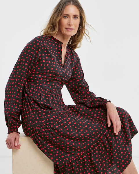 Spot Print Balloon Sleeve Midi Smock Dress