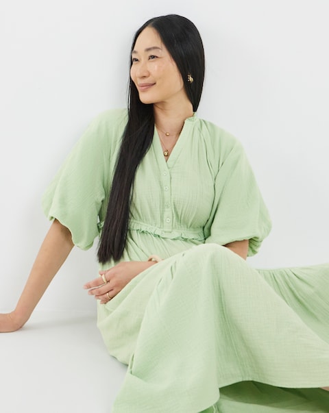 Pure Cotton Textured Bubble Sleeve Maxi Dress