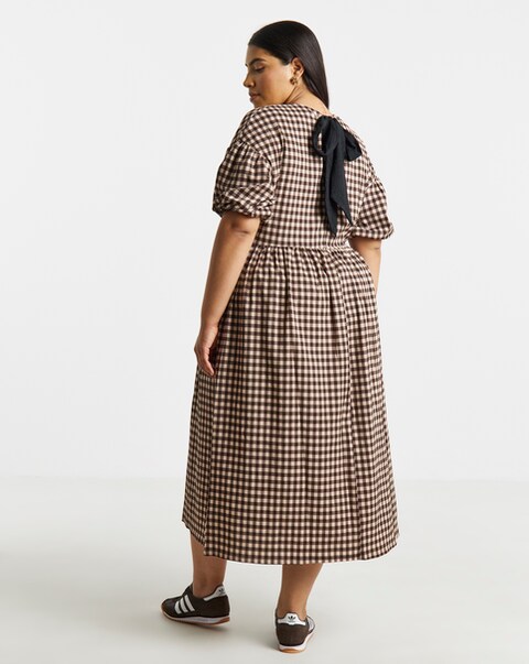 Simply Be Brown Gingham Waffle Bow Back Midi Dress