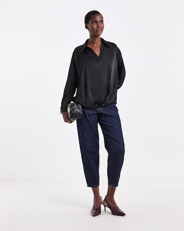 Black Satin Collar Detail Bubble Hem Blouse