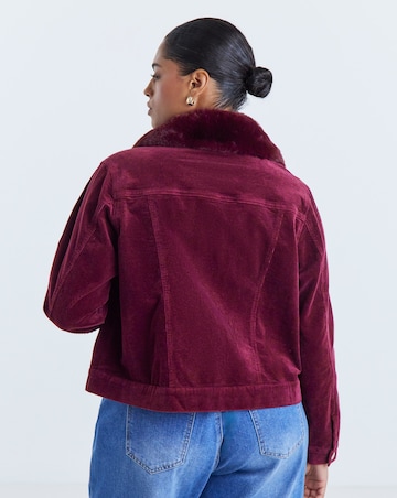 Burgundy Detachable Faux Fur Collar Cord Jacket
