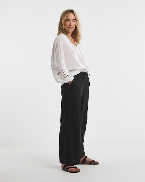 Pure Cotton Textured Pull On Wide Leg Trousers