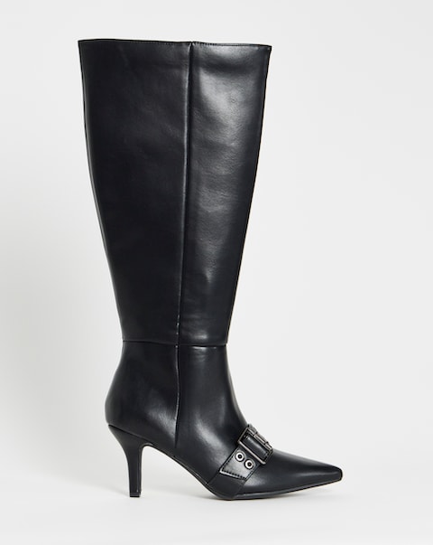 Maddox Knee Hi Heeled Pointed Toe Boots With Eyelet Straps - Wide Fit (E)