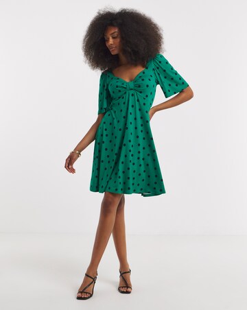 Green Spot Print Supersoft Knot Front Skater Dress