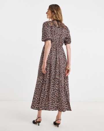 Leopard Print Tie Collared Midi Tea Dress