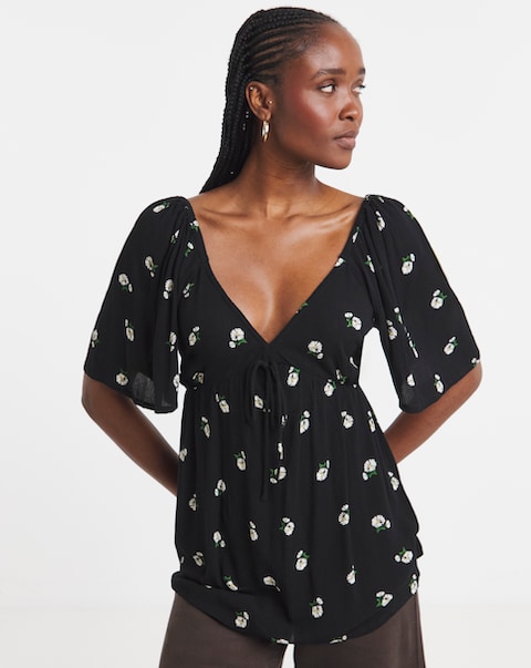 Simply Be Black Ditsy Crinkle Short Sleeve Tie Front Blouse