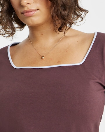 Simply Be Chocolate And Blue Contrast Trim Square Neck Long Sleeve Top