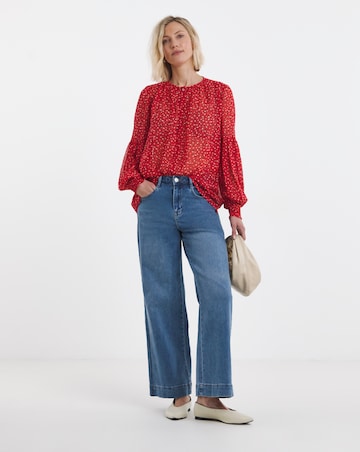 Red Ditsy Shirred Button Through Top