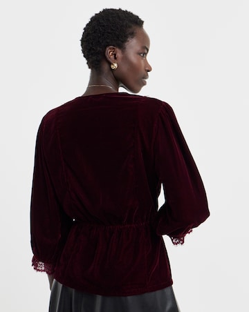 Burgundy Lace Trim Velvet Puff Sleeve Top